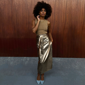 Never Fully Dressed Gold Vegan Leather Jaspre Skirt